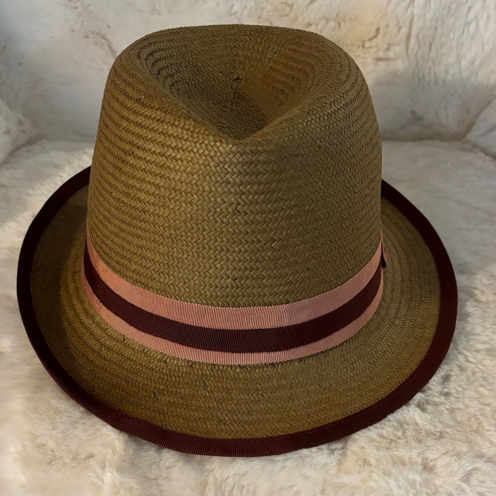 J. Crew Fedora Straw Hat with Brown Burgundy Ribbon Rim, Ribbon Trim, NWOT, M/L
